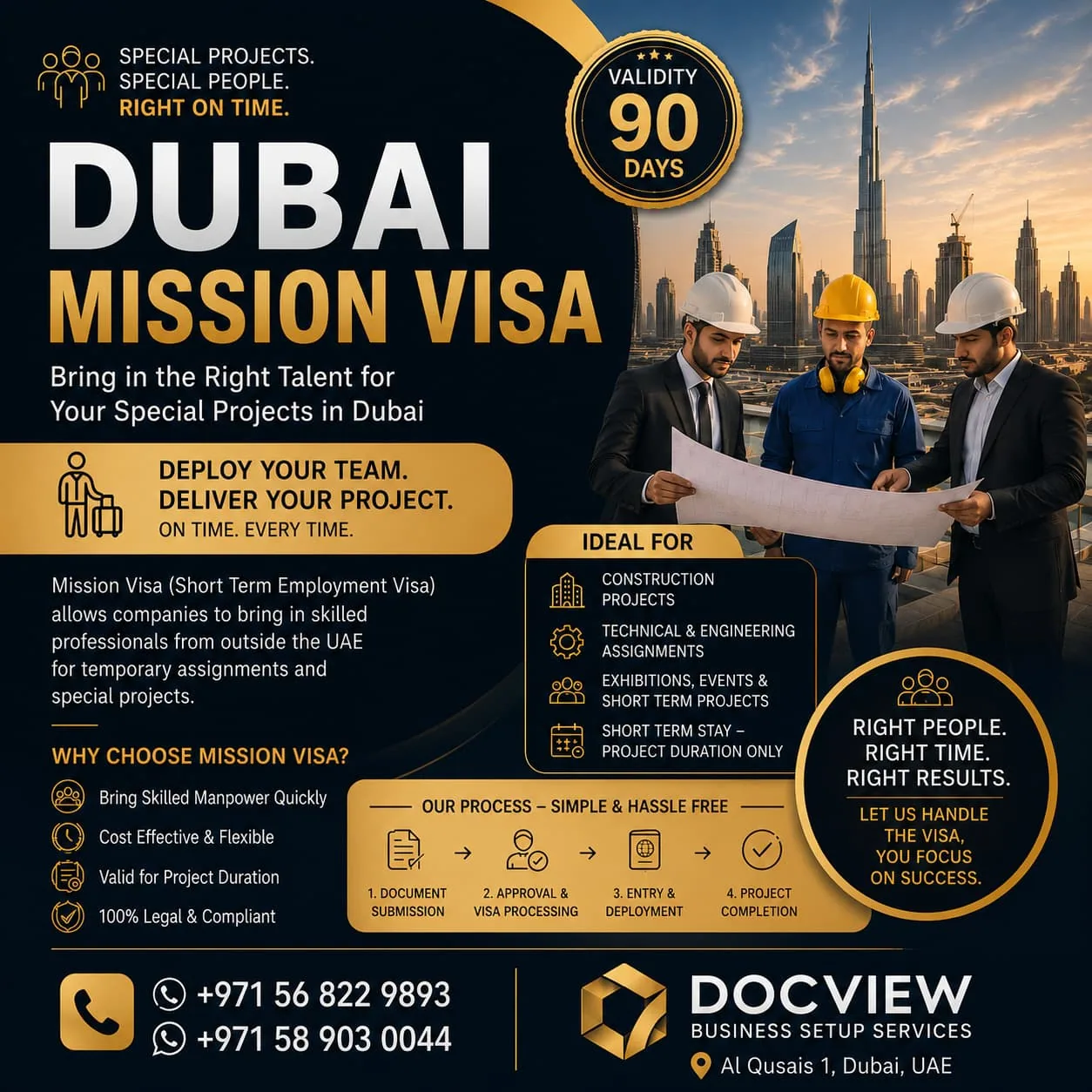 Dubai Mission Visa package — 90 day validity short term employment visa, DocView Business Setup Services